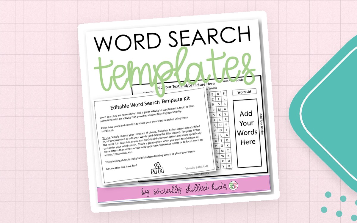 Word Search Templates, EDITABLE preview: 1 filled word-search template (theme unread)