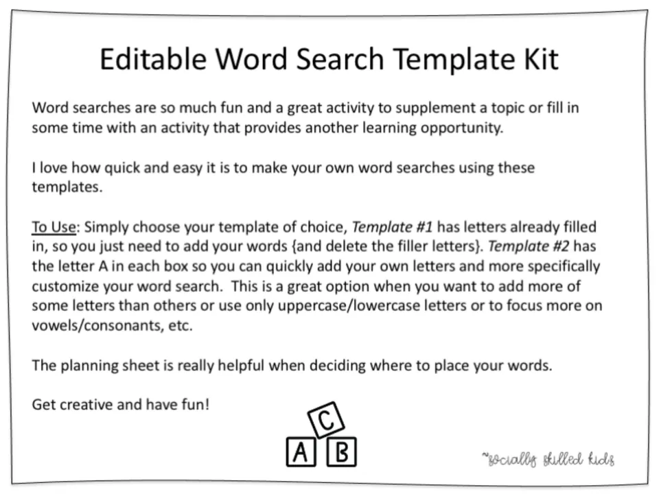 Editable Word Search Template Kit cover with teacher directions for using Template #1, Template #2 and the planning sheet
