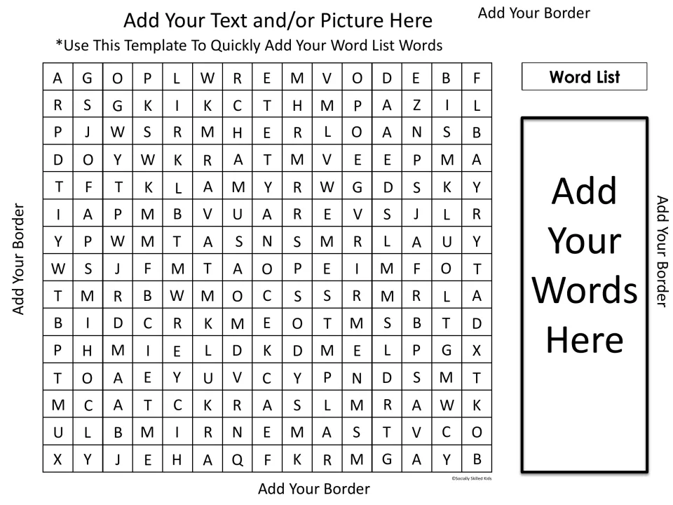 Prefilled word search template: 15 by 15 letter grid with filler letters to swap for your words, plus a word list panel
