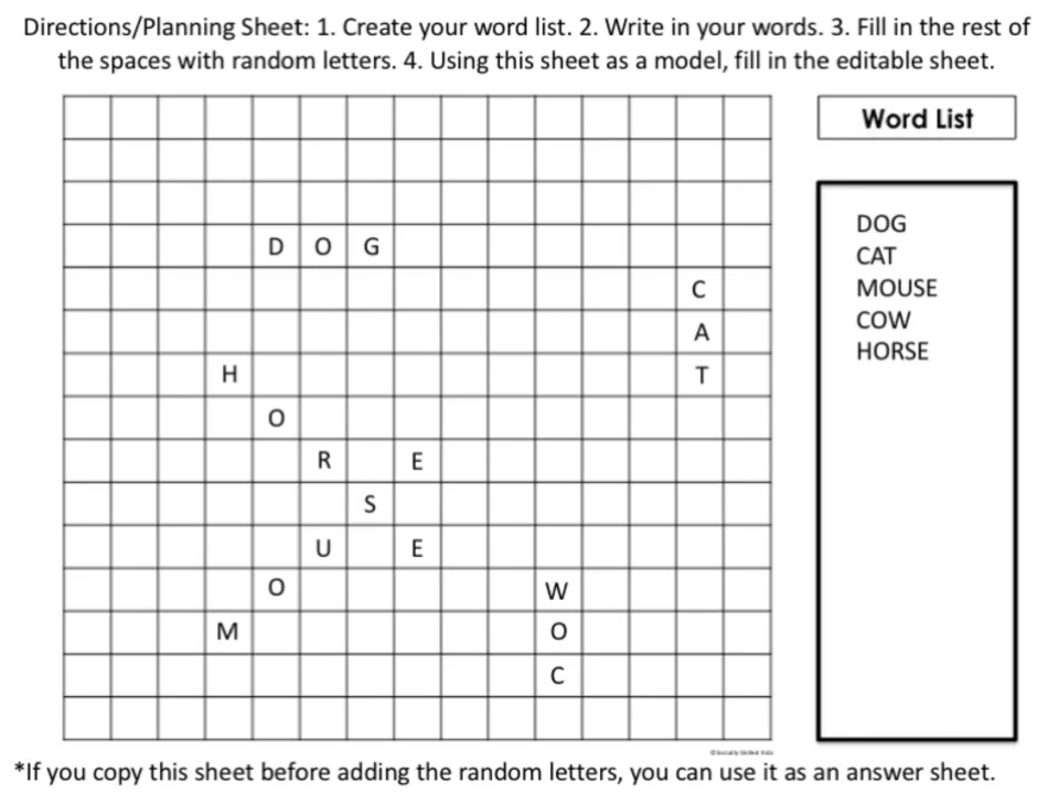 Planning sheet directions with a worked example hiding DOG, CAT, MOUSE, COW and HORSE across, down, up and diagonally