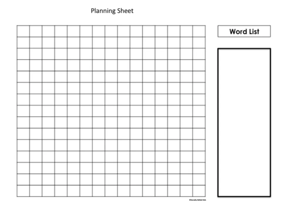 Blank planning sheet: empty 15 by 15 letter grid and word list box for sketching word placement before typing a puzzle