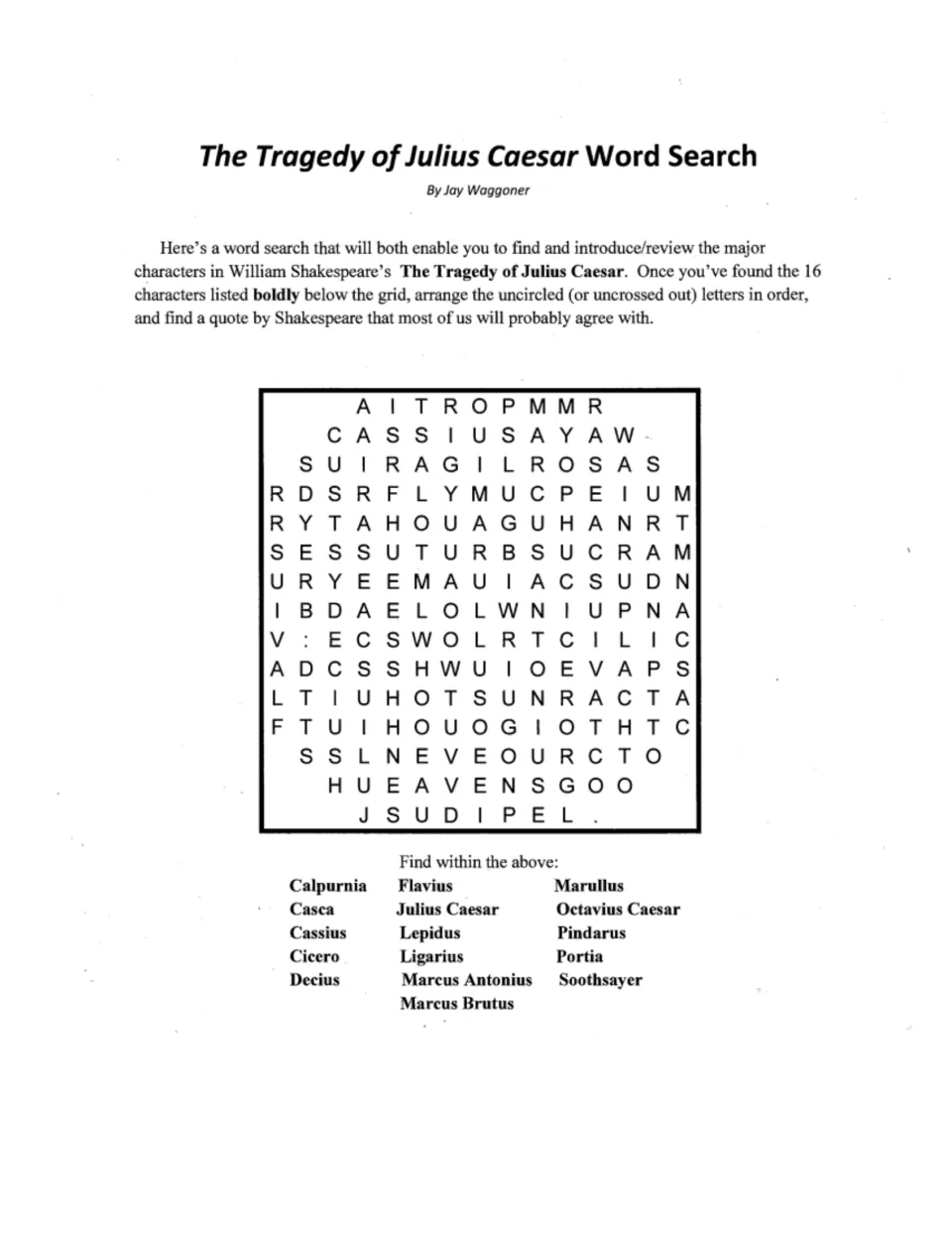 Julius Caesar character word search: students find 16 names like Brutus and Portia, then decode a hidden quote