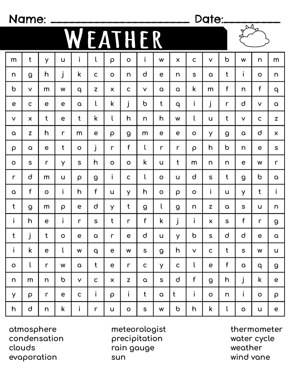 Weather vocabulary word search: students find 12 terms such as evaporation, thermometer, rain gauge and wind vane