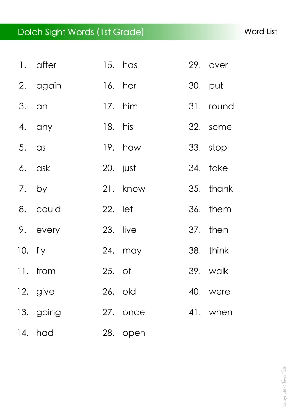 Dolch 1st Grade word list: 41 numbered sight words from after, again, an and any through walk, were and when
