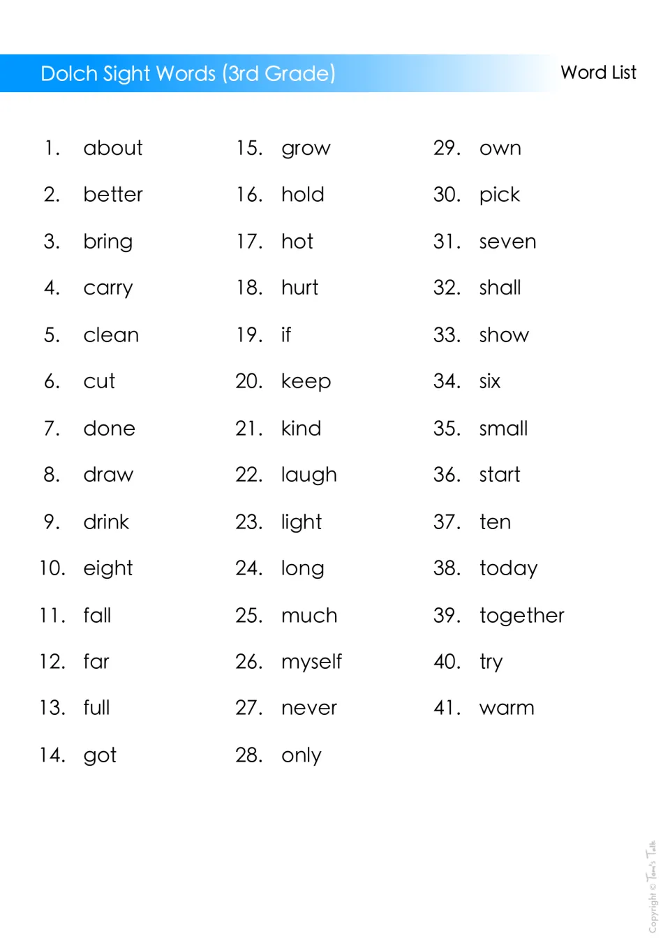 Dolch 3rd Grade word list: 41 numbered sight words from about, better and bring through together, try and warm