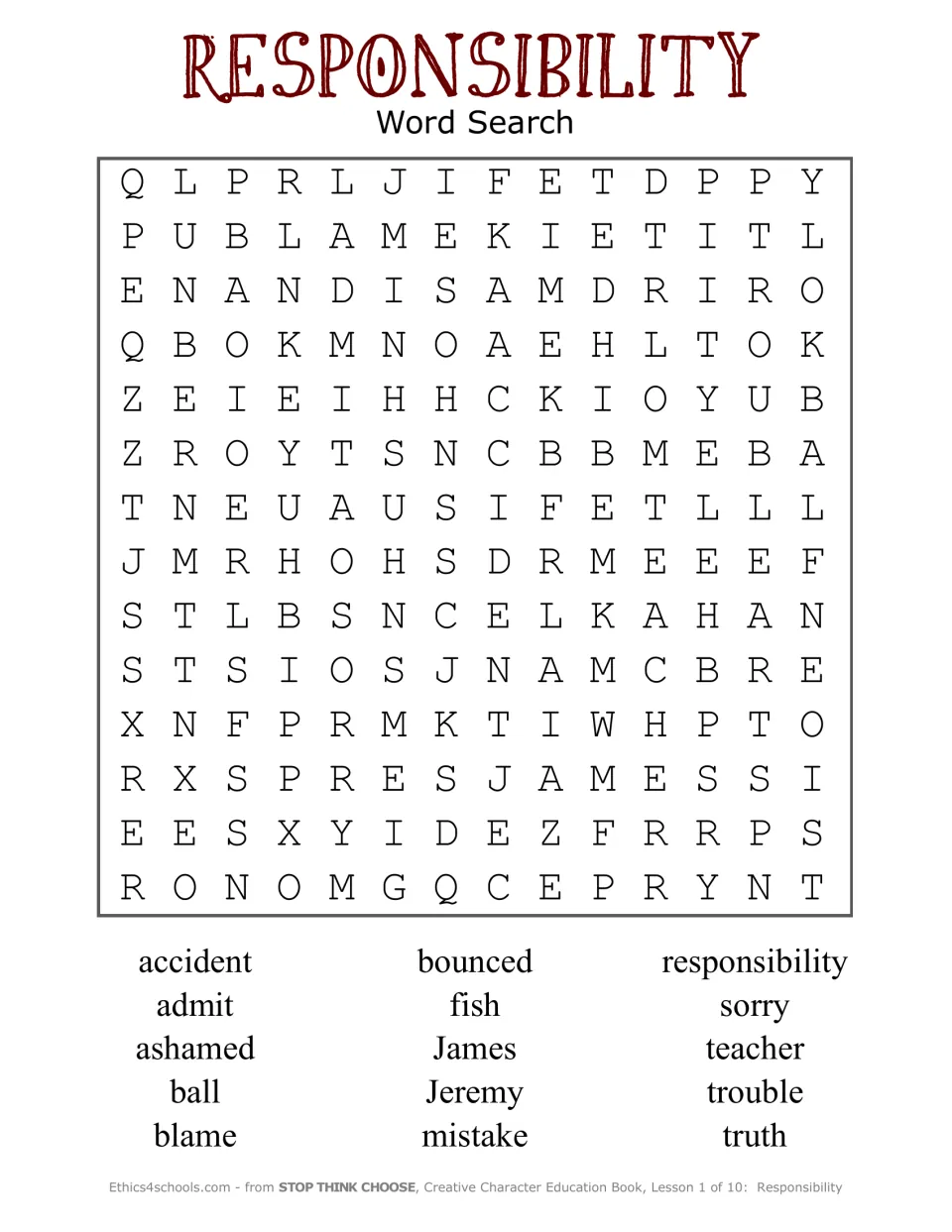 Responsibility word search: students find 15 lesson words such as accident, admit, blame, mistake, sorry and truth