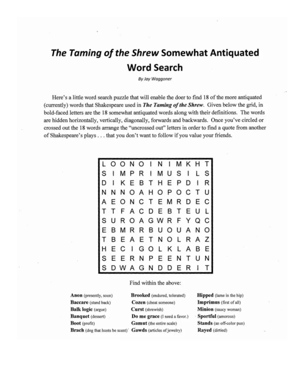 Shakespeare vocabulary: students find 18 archaic Shrew words like anon and cozen, then use leftover letters for a quote