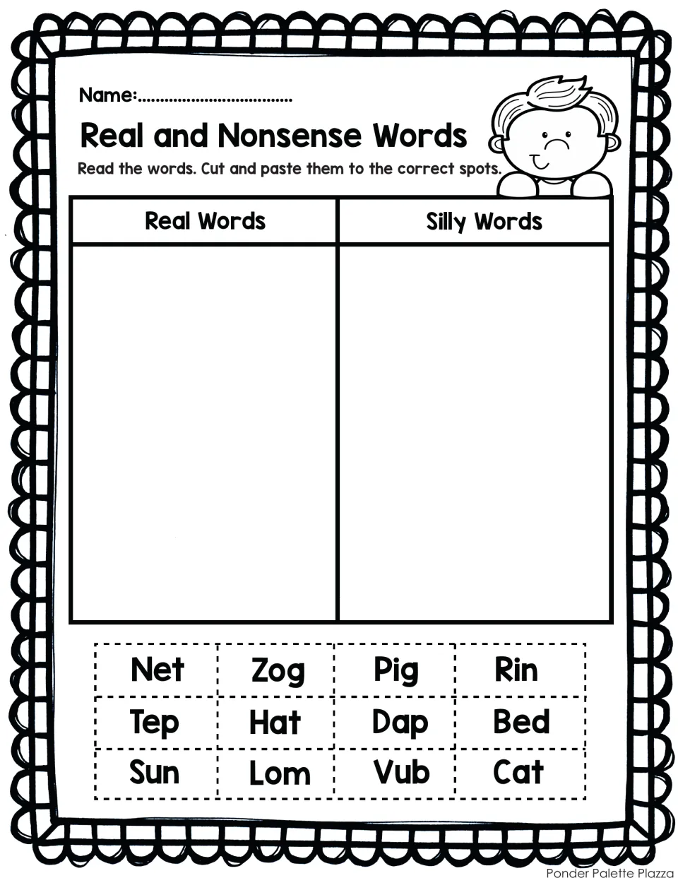 Real and nonsense word sort: students read 12 CVC words such as Sun, Zog, Pig and Vub, then cut and glue each by type