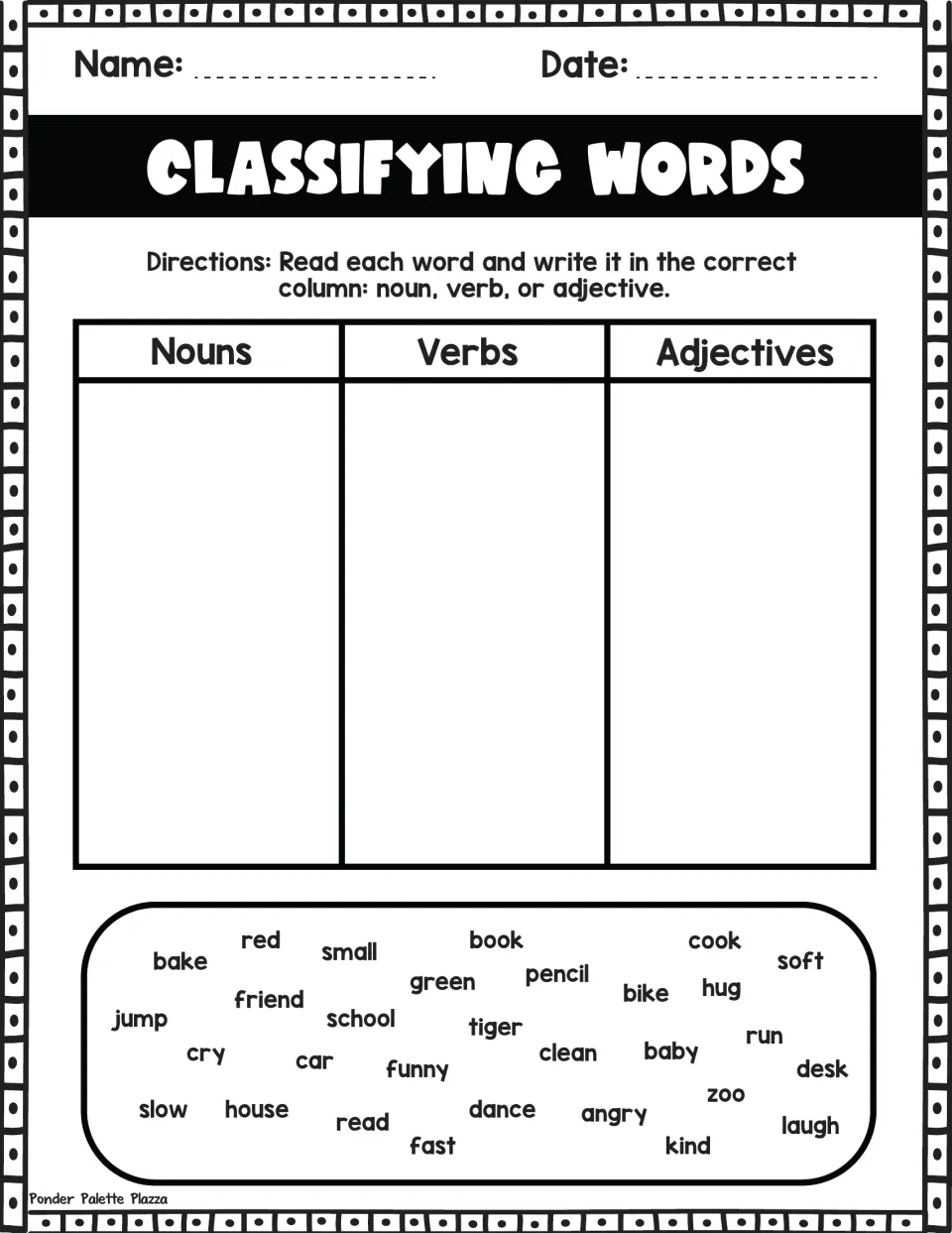 Parts of speech sort: students place 30 words including tiger, bake and funny into noun, verb and adjective columns