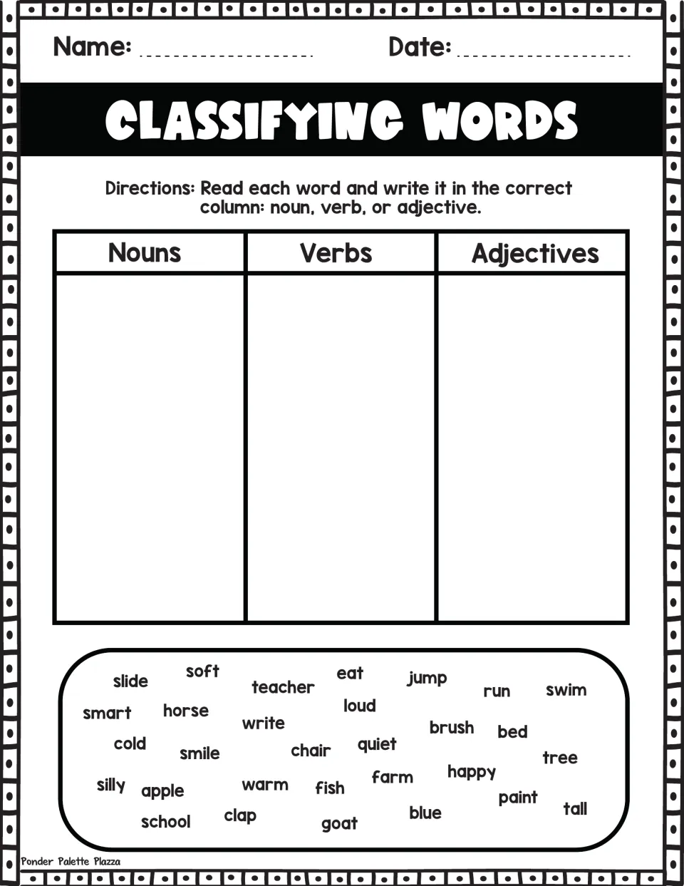 Noun, verb and adjective sorting: students classify 30 words like teacher, clap and silly by writing each in its column