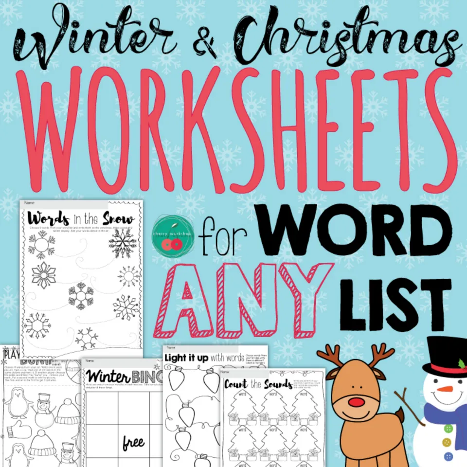 Winter & Christmas Worksheets for Any Word List cover showing Words in the Snow, Winter Bingo and Count the Sounds pages