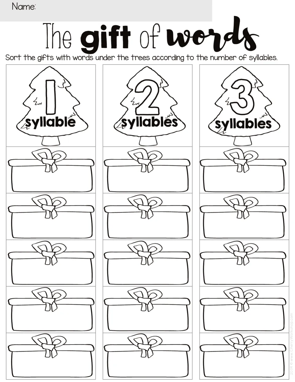 The Gift of Words syllable sort: students write list words in gifts under trees for 1, 2 or 3 syllables