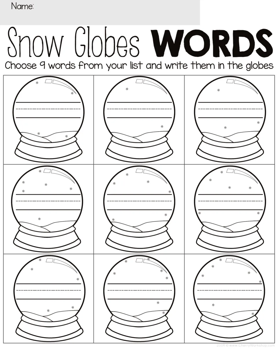 Snow Globes Words handwriting page: students neatly print 9 list words inside nine globes with writing guides