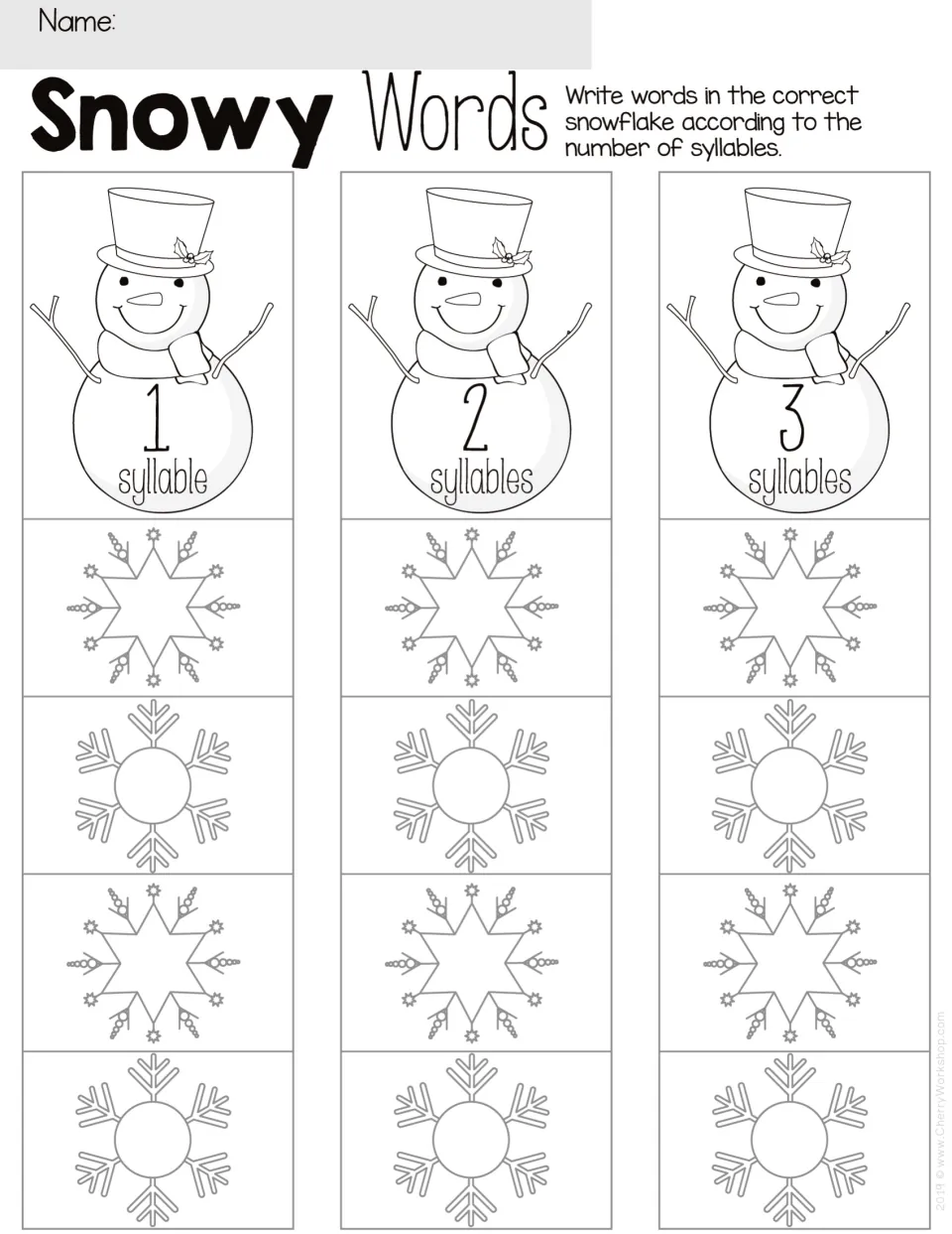 Snowy Words syllable sort: students write list words in snowflakes under snowmen marked 1, 2 or 3 syllables