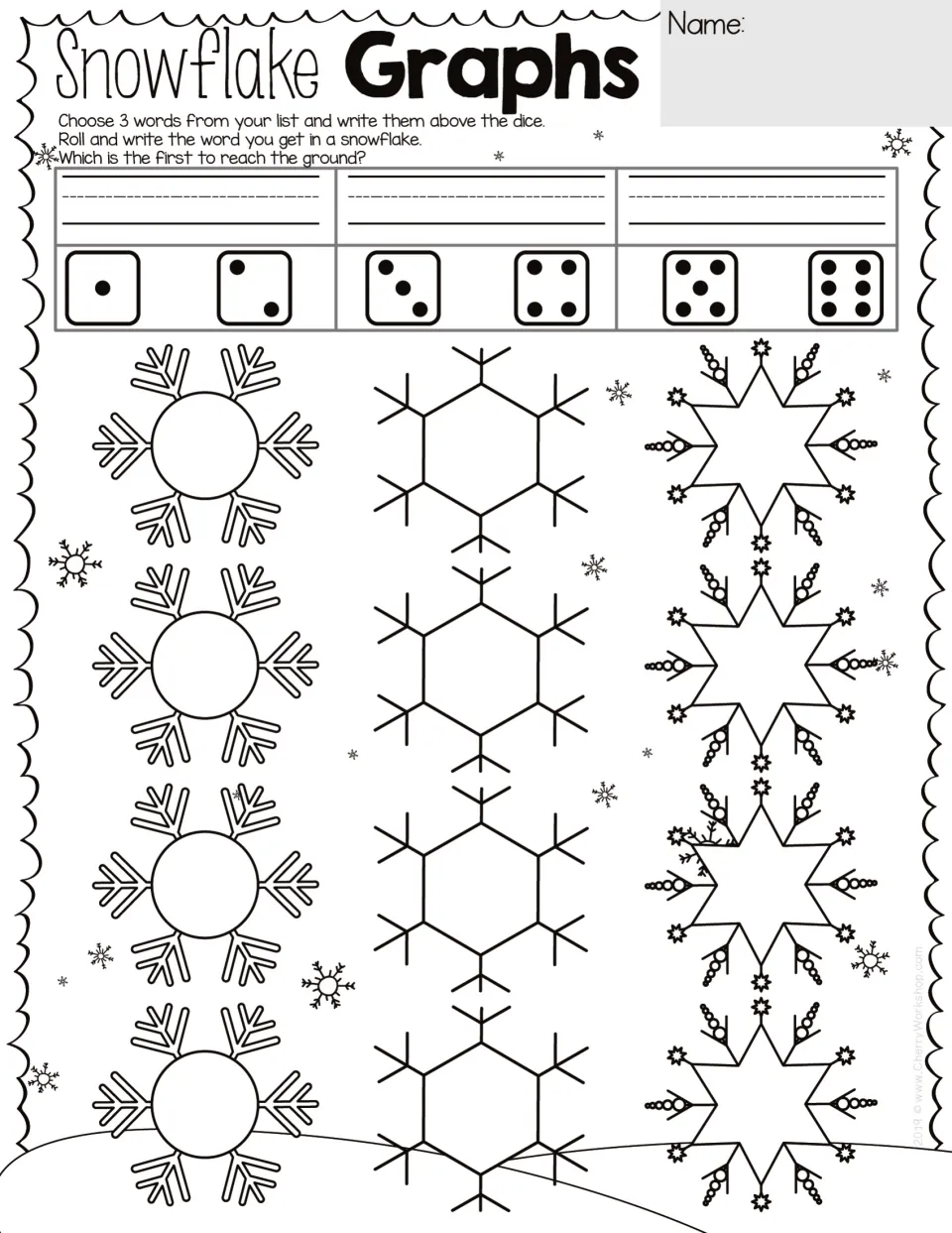 Snowflake Graphs dice game: students write 3 list words, roll a die and fill snowflakes to see which word lands first