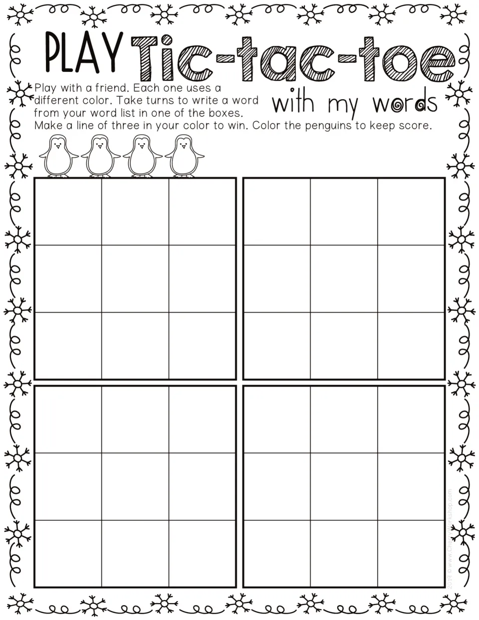 Tic-tac-toe with my words: two players take turns writing list words in four 3x3 games, coloring penguins to score