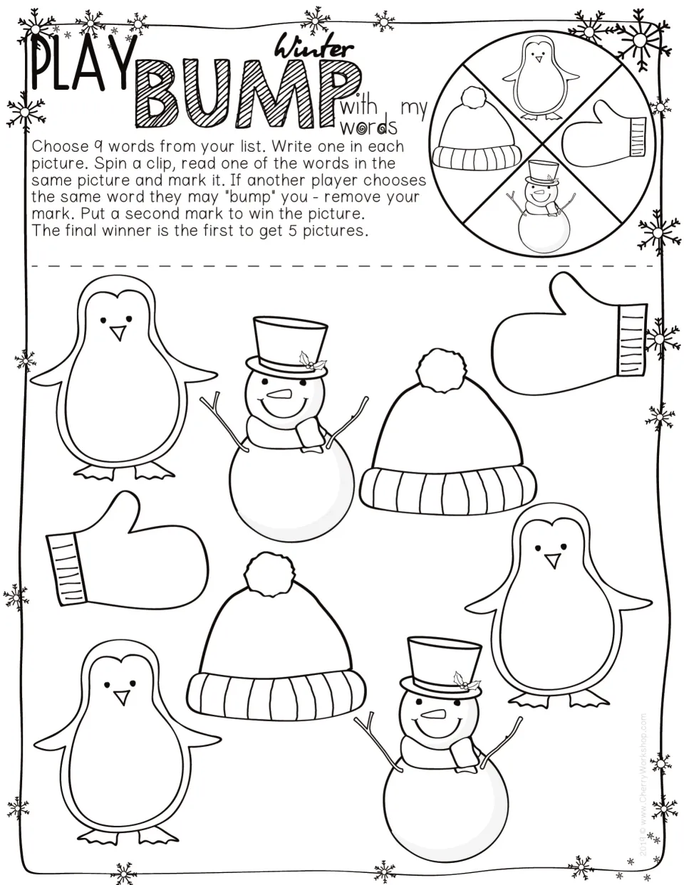 Winter Bump game: players write 9 list words on penguins, snowmen, hats and mittens, then spin a clip to mark words
