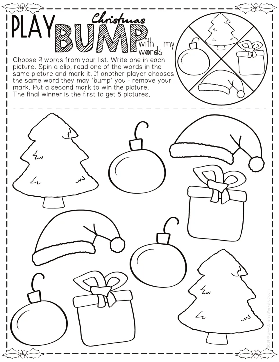 Christmas Bump game: players write 9 list words on trees, ornaments, gifts and Santa hats, then spin to read and mark