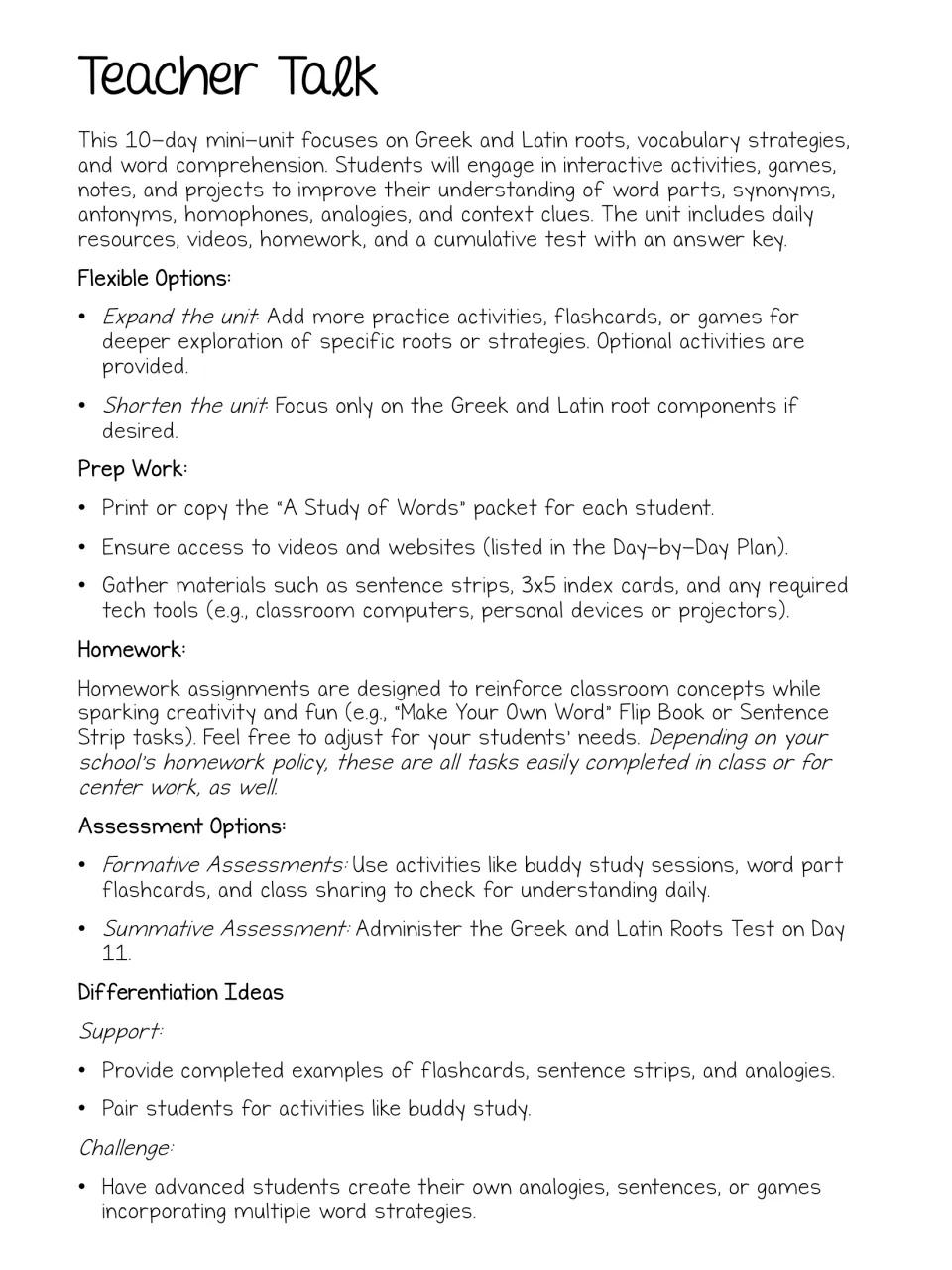Teacher Talk guide for the mini-unit: preparation, homework, assessment options, and differentiation ideas