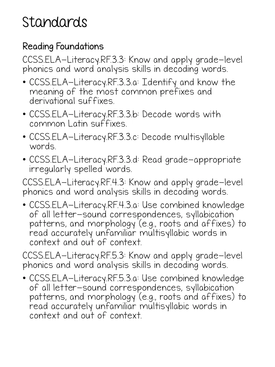 Reading foundations standards for the mini-unit cover prefixes, suffixes, decoding, and word analysis