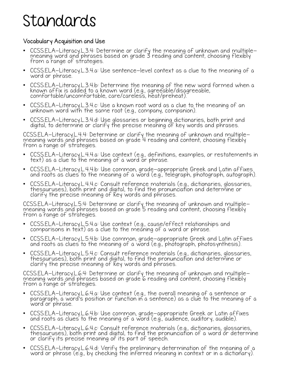 Vocabulary standards for the mini-unit address context clues, roots, affixes, and reference materials