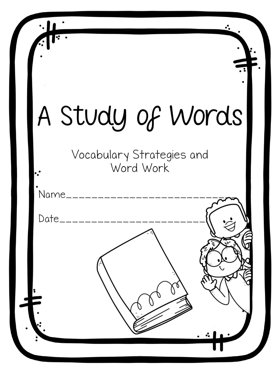 Student packet cover titled 'A Study of Words: Vocabulary Strategies and Word Work,' with name and date
