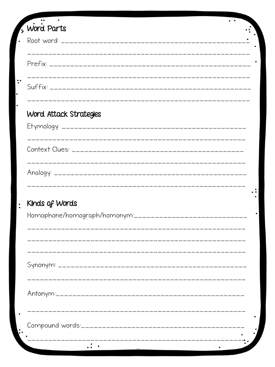 Student notes page for defining word parts, etymology, context clues, analogies, and kinds of words