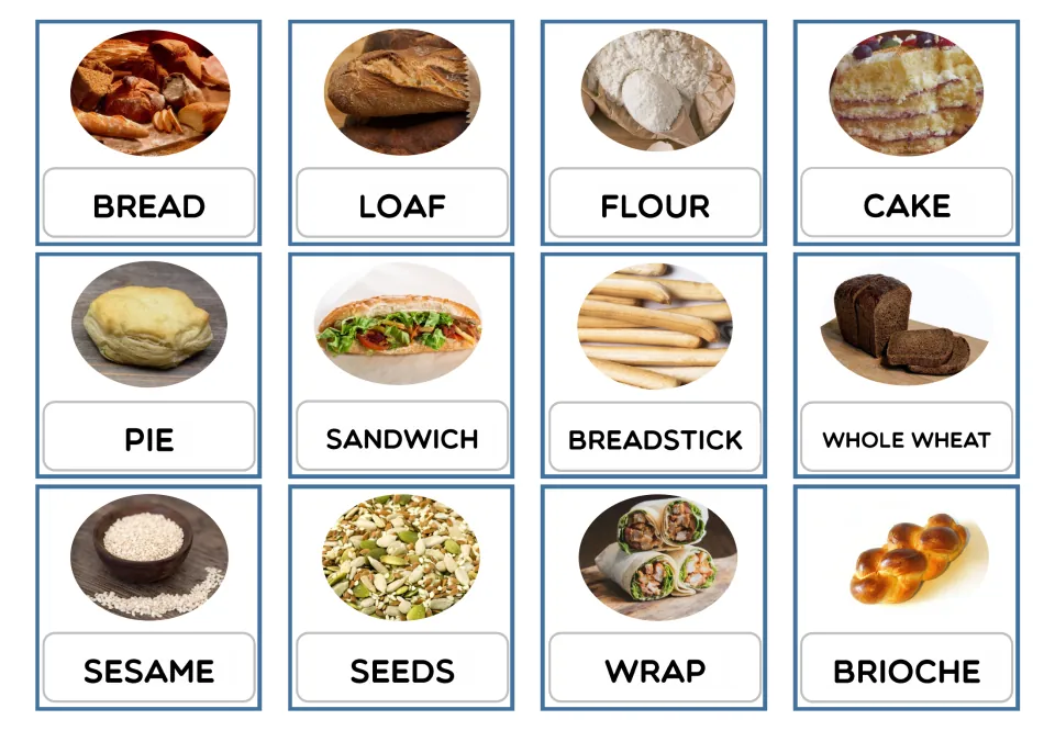 Uppercase bakery picture flashcards 1–12: BREAD, LOAF, FLOUR, CAKE, PIE, SANDWICH and six more words