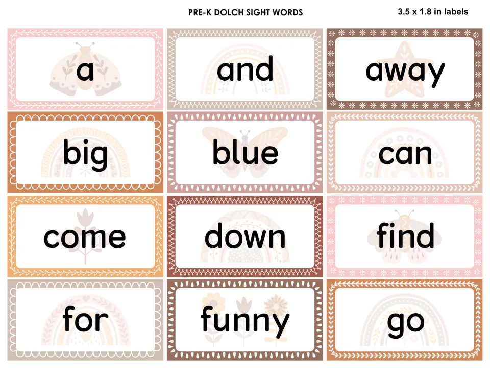 Pre-K Dolch sight word labels: a, and, away, big, blue, can, come, down, find, for, funny, go on boho rainbow cards
