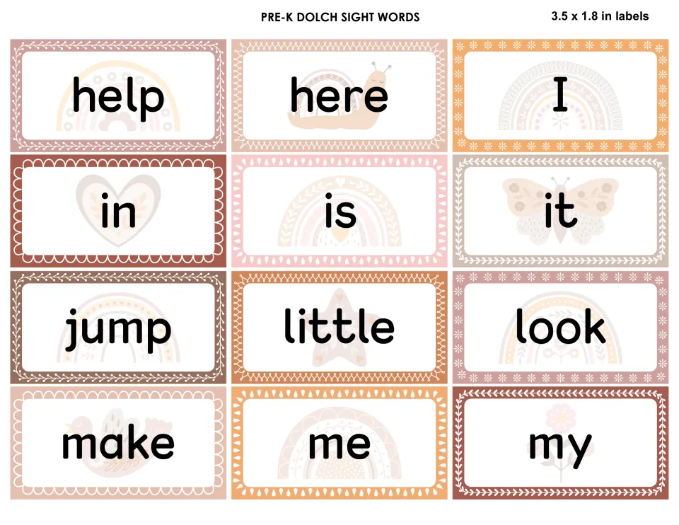 Pre-K sight word labels for help, here, I, in, is, it, jump, little, look, make, me and my, each over a soft boho motif