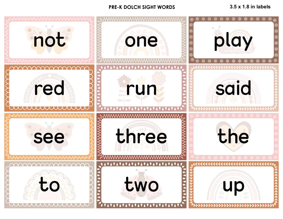 Pre-K sight word cards showing not, one, play, red, run, said, see, three, the, to, two and up with rainbow and moth art