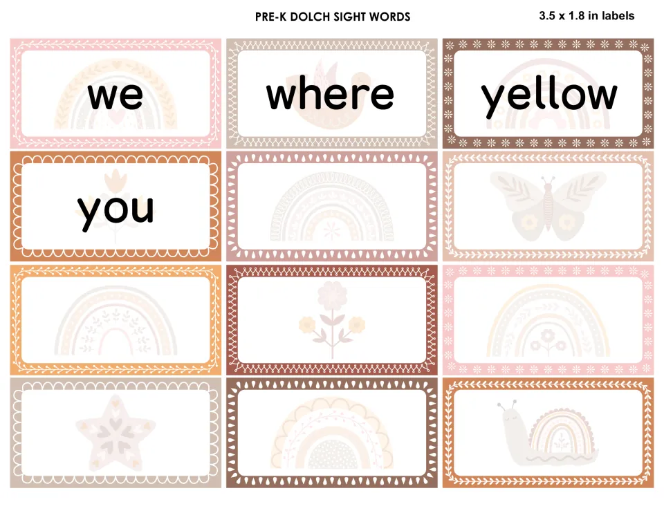 Final Pre-K labels: we, where, yellow and you, plus eight blank boho cards ready for typing in extra words
