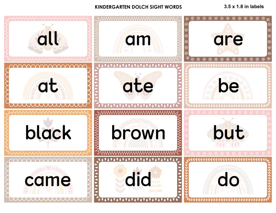 Kindergarten Dolch sight word labels: all, am, are, at, ate, be, black, brown, but, came, did and do on earthy boho cards
