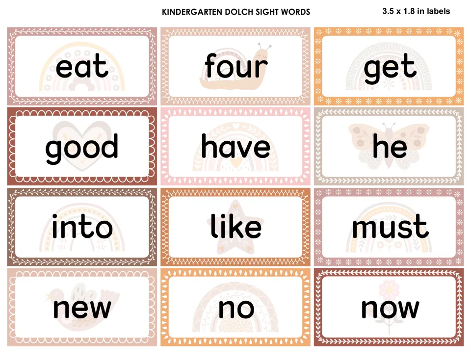 Kindergarten sight word cards for eat, four, get, good, have, he, into, like, must, new, no and now with rainbow motifs