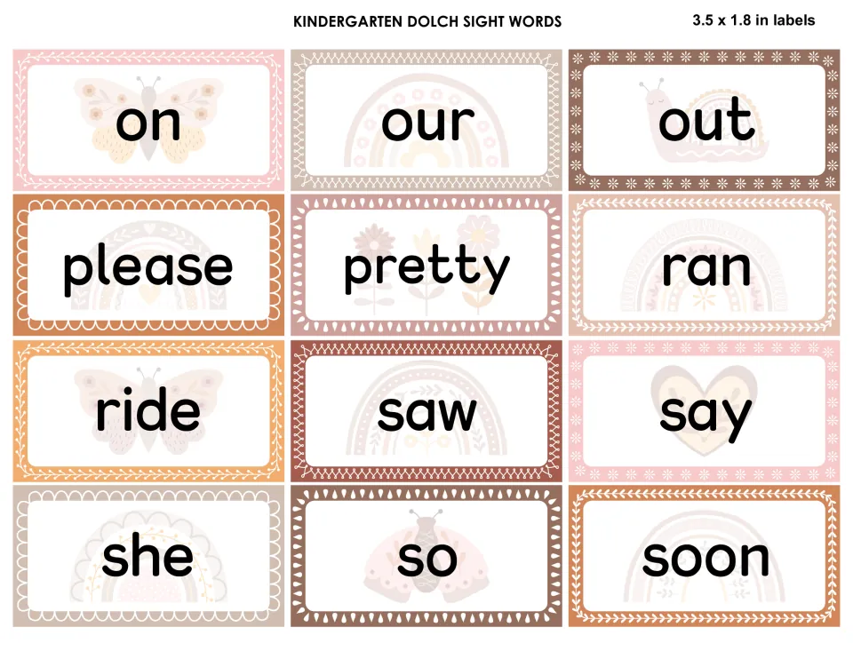 Kindergarten sight word labels on, our, out, please, pretty, ran, ride, saw, say, she, so and soon over pastel boho art