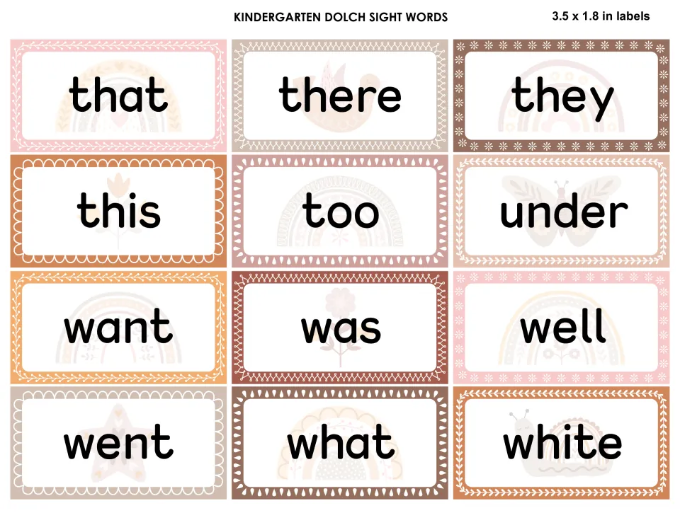 Kindergarten sight word cards: that, there, they, this, too, under, want, was, well, went, what and white with snail art