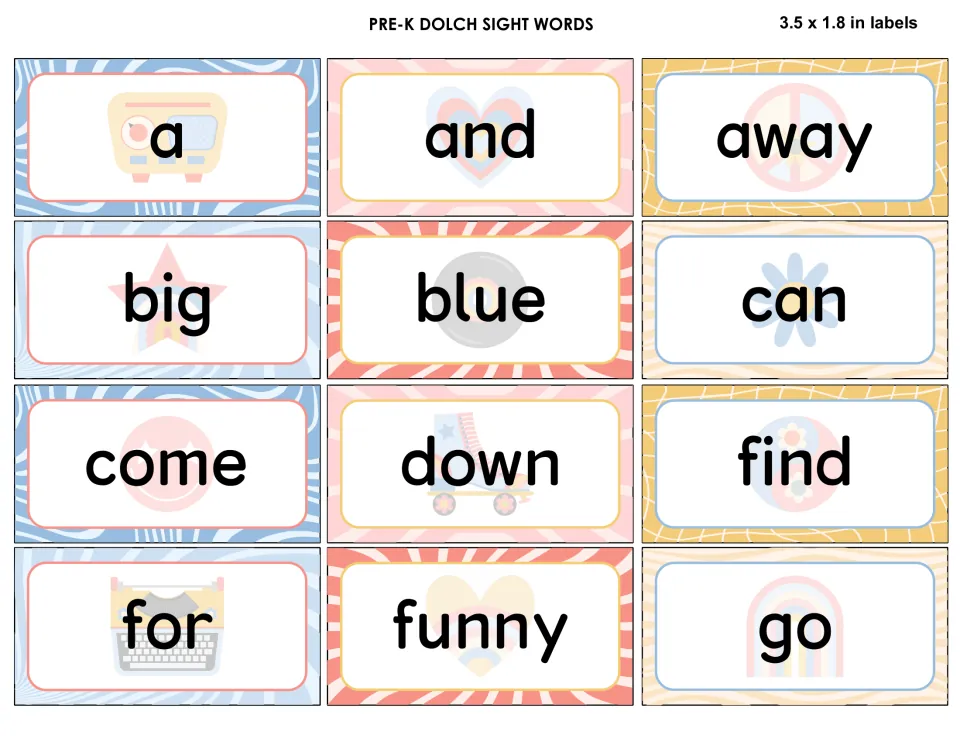 Pre-K sight word labels a, and, away, big, blue, can, come, down, find, for, funny and go on pastel retro-icon backgrounds