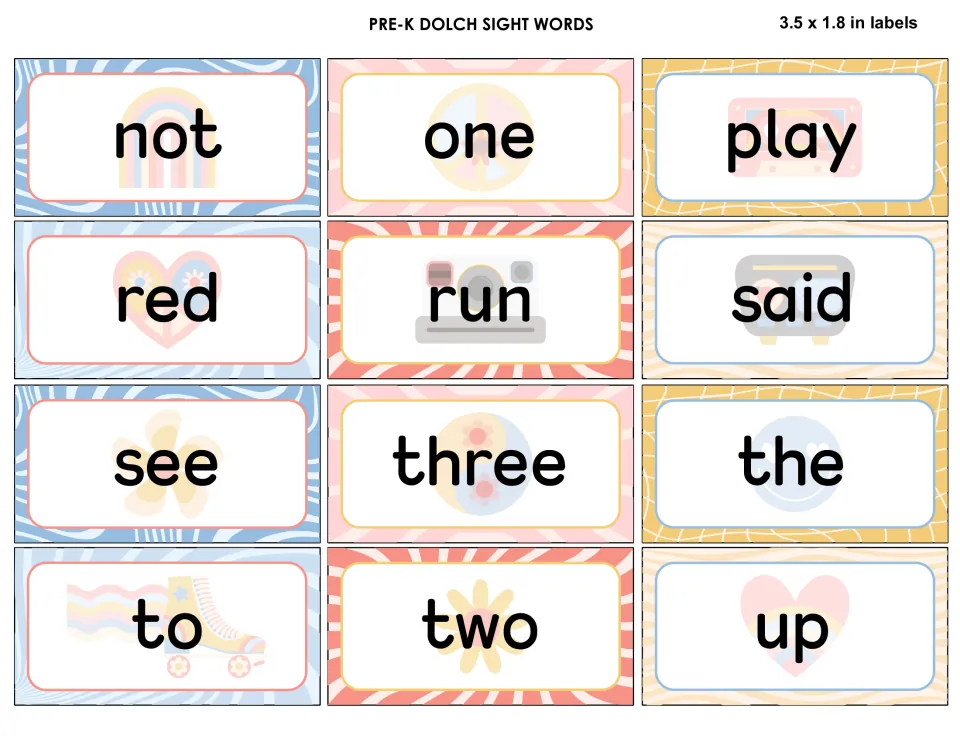 Pre-K sight word labels not, one, play, red, run, said, see, three, the, to, two and up with rainbow and flower icons