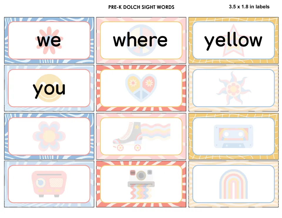 Final Pre-K sight word labels we, where, yellow and you, plus eight blank pastel labels ready for typing in your own words