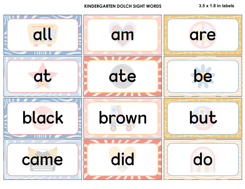 Kindergarten sight word labels all, am, are, at, ate, be, black, brown, but, came, did and do on 70s-style backgrounds