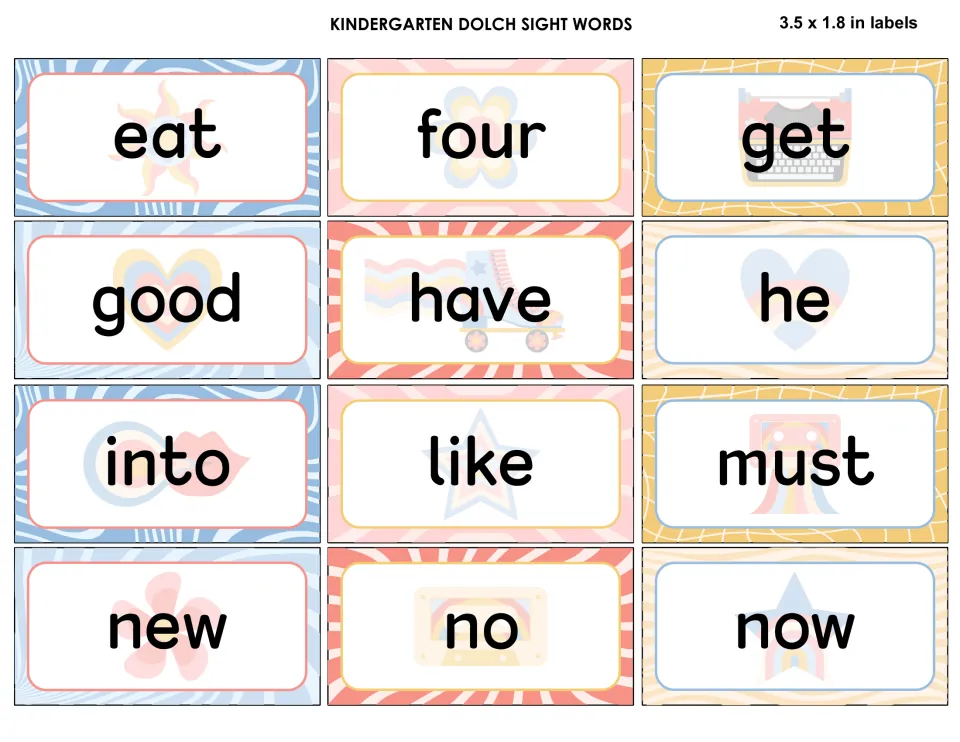 Kindergarten sight word labels eat, four, get, good, have, he, into, like, must, new, no and now over faint retro icons