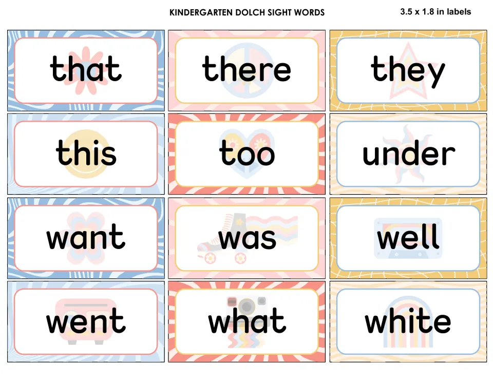 Kindergarten sight word labels that, there, they, this, too, under, want, was, well, went, what and white on pastel designs