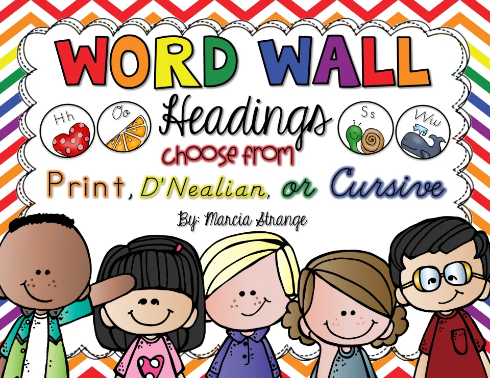 Cover of Word Wall Headings by Marcia Strange: alphabet letter headers offered in Print, D'Nealian or Cursive