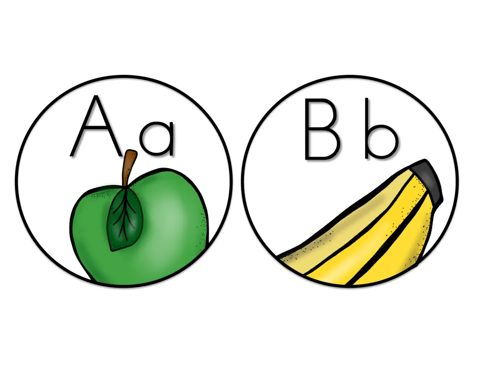 Print letter headers Aa and Bb, each round card pictured with a keyword image: a green apple and a yellow banana