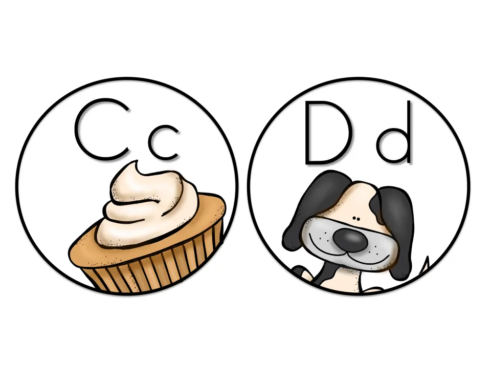 Print letter headers Cc and Dd showing beginning-sound pictures: a frosted cupcake for C and a spotted puppy for D