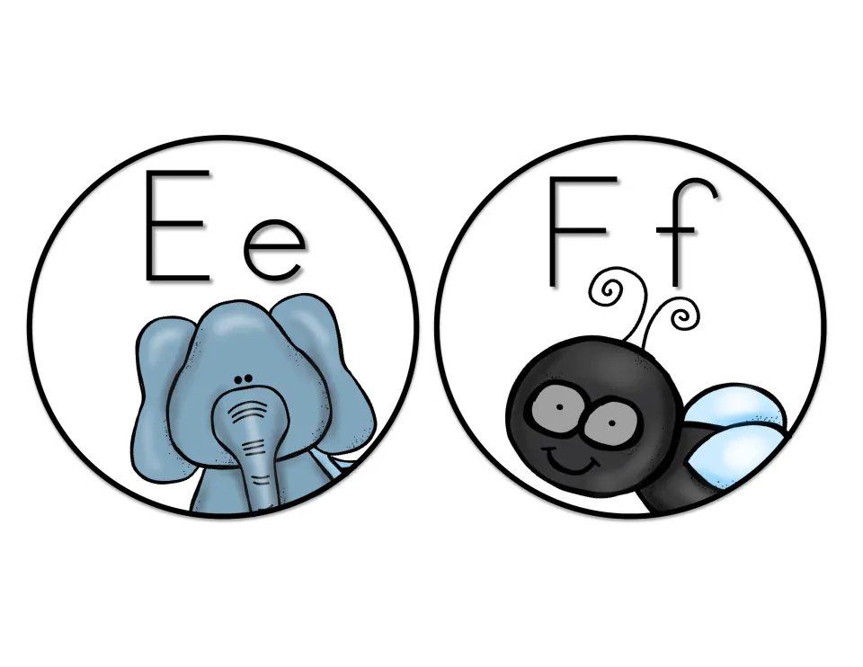 Print letter headers Ee and Ff with picture cues for initial sounds: a blue elephant for E and a smiling fly for F