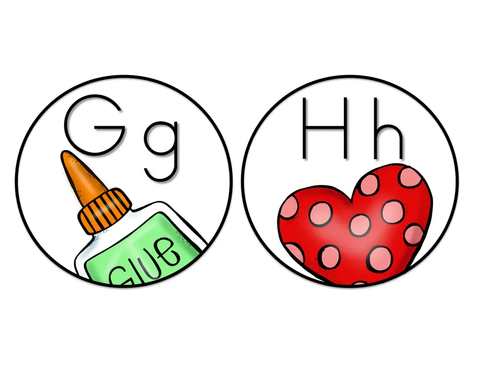 Print letter headers Gg and Hh paired with keyword art: a green glue bottle for G and a red polka-dot heart for H