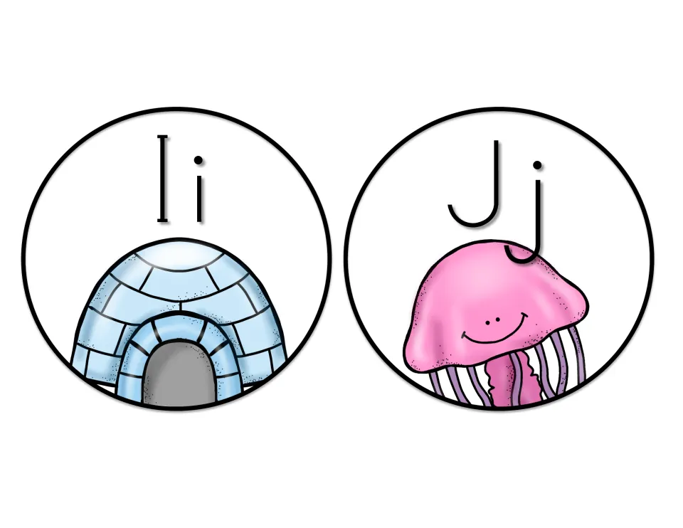 Print letter headers Ii and Jj with beginning-sound images: an ice-block igloo for I and a pink jellyfish for J