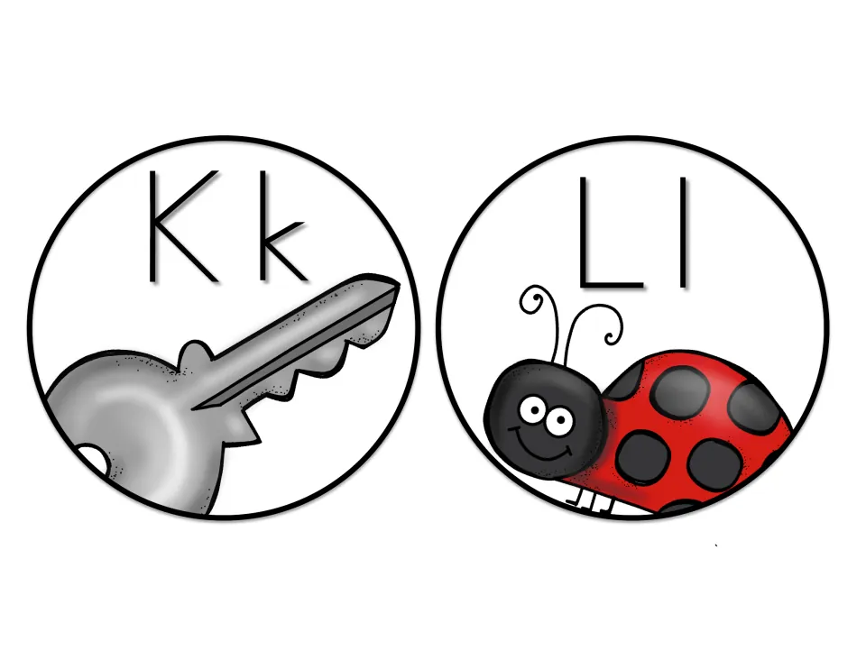 Print letter headers Kk and Ll, each shown with a keyword picture: a silver key for K and a red spotted ladybug for L