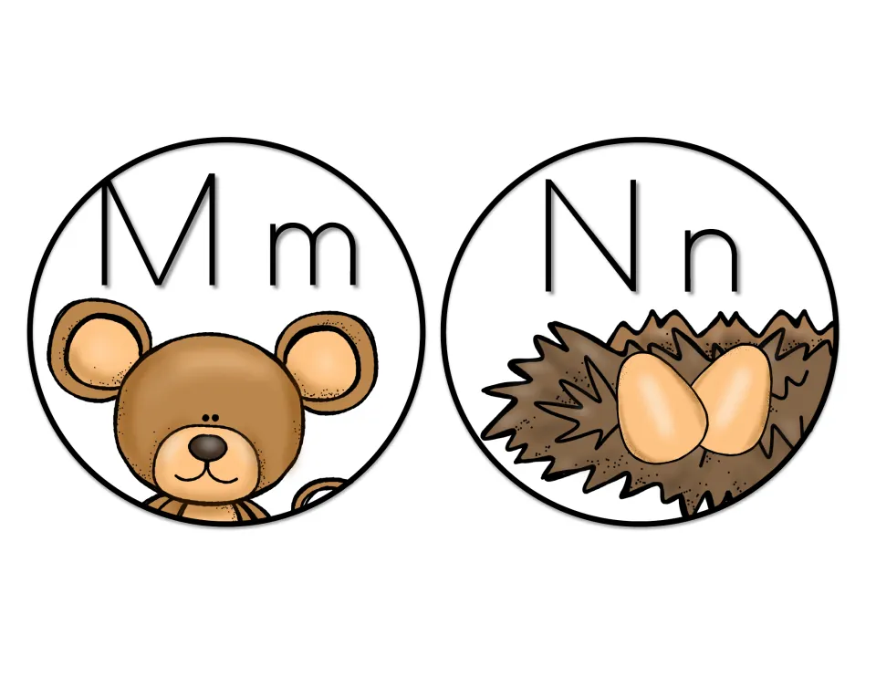 Print letter headers Mm and Nn with initial-sound pictures: a brown round-eared animal for M and a nest of eggs for N